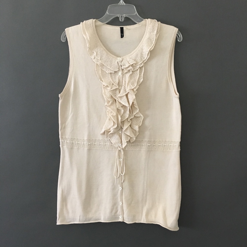 Tahari Sleeveless Knit Sweater Top Ruffle Collar